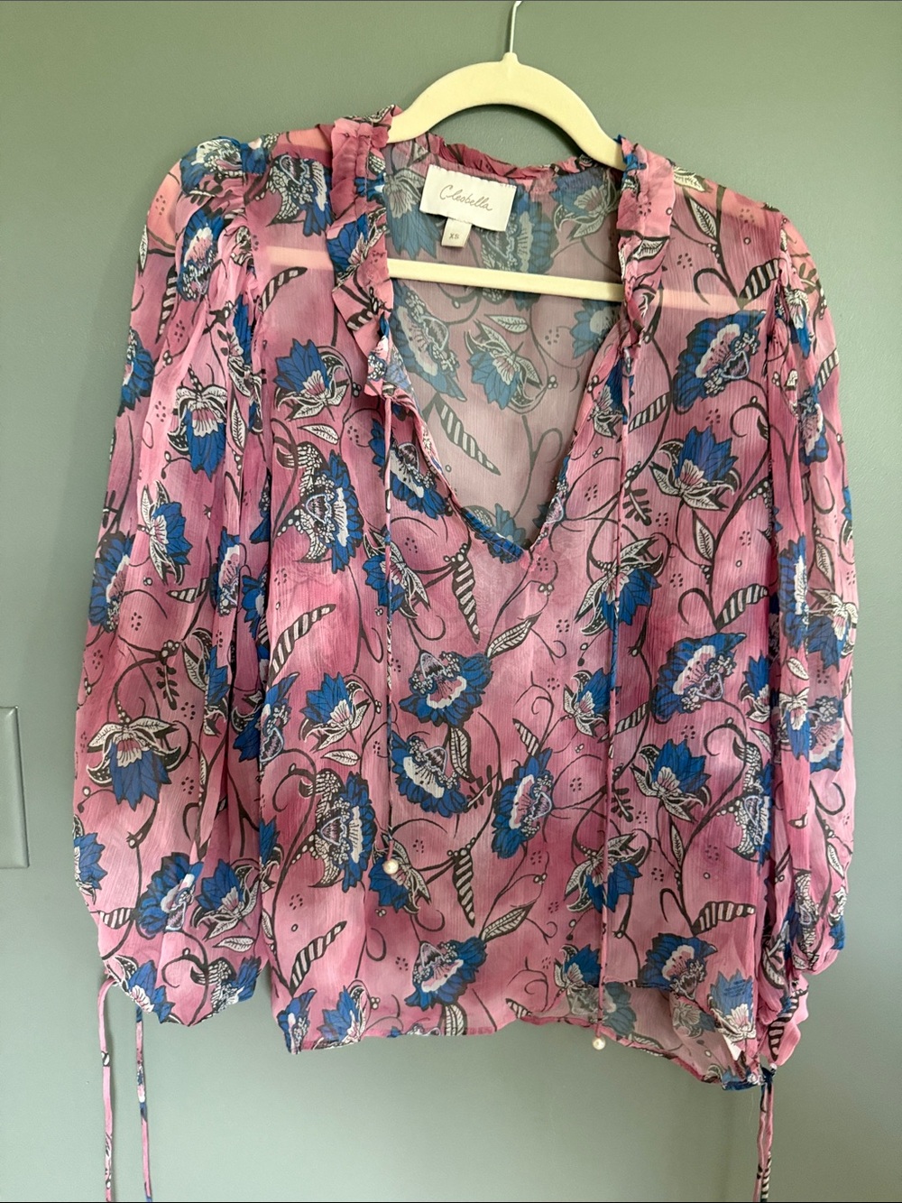 Cleobella Pink Floral Peasant Blouse with Blue Accents